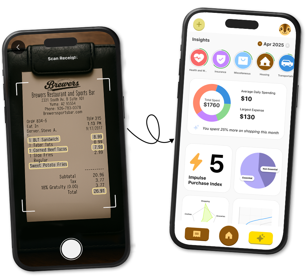 How I Spend My Money App Screenshot showing receipt scanning and detailed spending breakdown